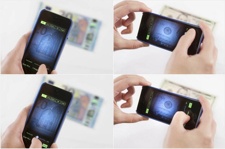 使用改裝的iPhone 5s中的“超光譜滑條應用”檢查20歐元紙幣上的特徵信息