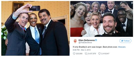 比尔•奈(Bill Nye)在奥斯卡颁奖典礼上自拍, 美国总统巴拉克•奥巴马(Barack Obama)和尼尔•德格拉斯•泰森(Neil deGrasse Tyson),以及艾伦•德杰尼勒斯(Ellen DeGeneres)的“最著名的自拍”