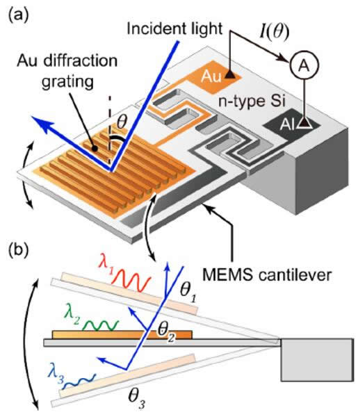 带有金衍射光栅的MEMS悬臂梁示意图