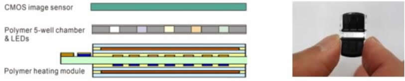 便携式PCR原型剖面示意图（左），包括腔室、加热模块和集成CMOS图像传感器；以及集成测试盒（右）