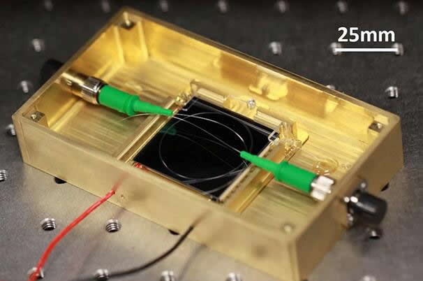 直径36毫米的石英谐振器环形激光陀螺仪，该陀螺仪被封装在带有热电冷却器和光纤连接器的黄铜模组中