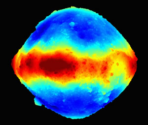 通过激光雷达系统的2000万次测量生成的结果：小行星贝努（Bennu）三维视图。激光雷达系统通过向小行星发射激光脉冲并测量激光从小行星表面反弹并返回到仪器所需的时间来获得距离测量值。