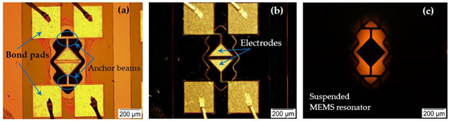 由T形锚梁悬挂的200 µm边长方形板MEMS谐振器的明场（a）和暗场（b，c）显微图像