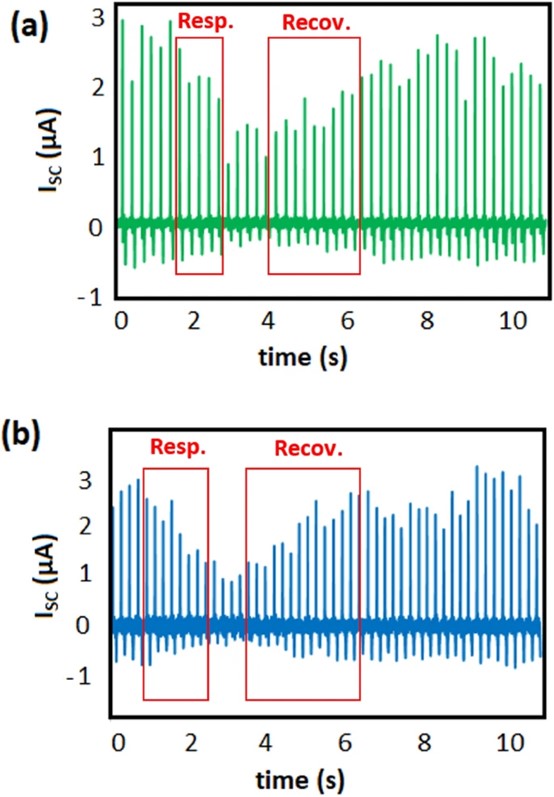 多孔PDMS和CNT-PDMS的动态响应，显示湿度传感的响应和恢复时间。