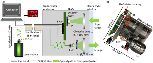 （a）单光子激光雷达原理框图；（b）基于SPAD探测器阵列的光学设置照片