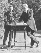 Elster和Geitel在Elster家里的花园中做实验，桌子上的仪器是光度计