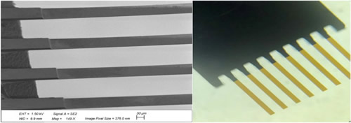 悬臂梁的扫描电子显微镜（SEM）（左）和悬臂梁的俯视图（右）