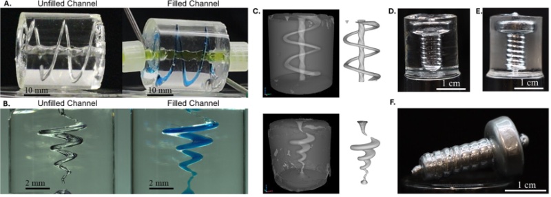 VAM打印的微流控器件,通道中用染色液体进行了测试