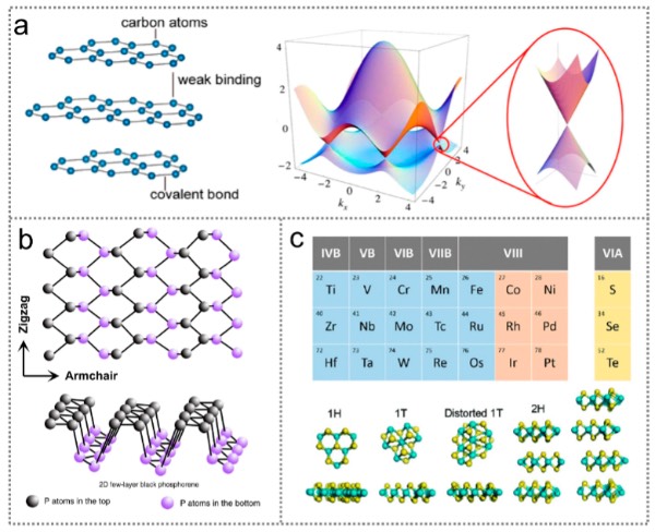 用于红外传感器的二维材料:(a)石墨烯的原子结构与能带结构;(b)黑磷(BP)的原子结构;(c)过渡金属硫属化合物的构成元素及结构。