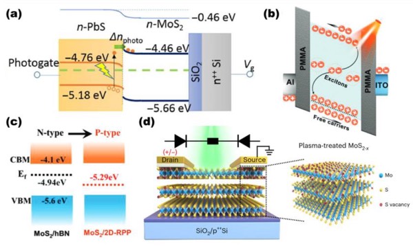 (a)异质结构的能带排列,(b)980 nm近红外光照下的SET过程,(c)不同衬底上MoS₂能带图,(d)具有背靠背连接的金属-半导体肖特基二极管的MSM器件结构示意图。