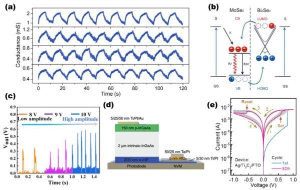 (a)TaOx基忆阻器的10次重复增强/抑制循环,(b)MoSe₂/Bi₂Se₃异质结构中光生激子取向示意图,(c)人工神经元在输入脉冲下的响应,(d)1P-1R单元器件示意图,(e)Ag/Ti₃C₂/FTO器件的典型循环I-V特性曲线。