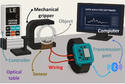 实验装置示意图:搭载可穿戴力传感单元的机器人(机械夹具)、腕表式传输端口以及置于光学台上的无线连接计算机